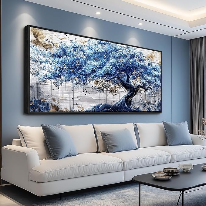 ERQINHUA Large Canvas Wall Decor For Living Room Wall Art For Bedroom Office Home Decor Blue Tree Wall Paintings Farmhouse Abstract Watercolour Pictures Artwork Ready To Hang 32x72 In Black Framed
