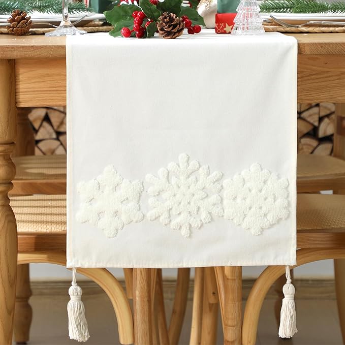 Breling Christmas Snowflakes Table Runner Jacquard Christmas Snowflakes Dinner Table Runner Winter Xmas Holiday Kitchen Dining Decoration for Winter Holiday Kitchen Party Home Decor 13x72 Inch (Beige)