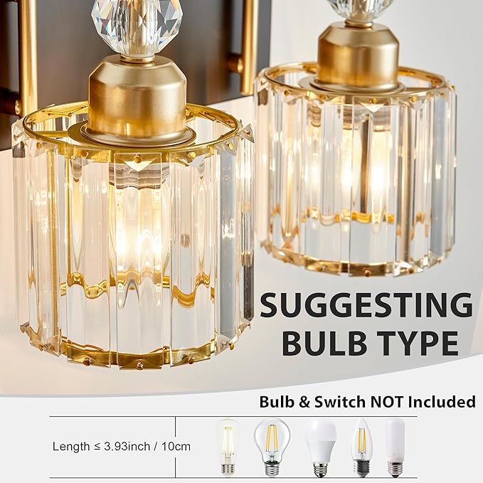 Bathroom Vanity Light Fixtures Over Mirror - Makeup Lighting Black Gold - for Modern Wall, Bath, Desk, Farmhouse, Hallway - 4 Crystal Lights