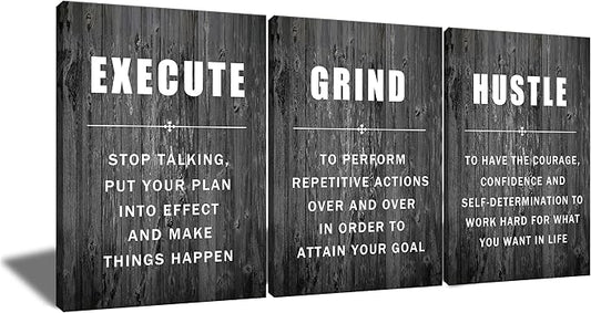 Execute Grind Hustle Inspirational Poster 3 Pieces Motivational Wall Art Canvas Prints Artwork for Living Room Modern Home Decor Painting Pictures Stretched and Framed Ready to Hang [60''Wx 28''H]