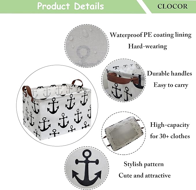 CLOCOR Rectangular Storage Basket,Collapsible Cute Pattern Storage Bin,Waterproof Coating Storage Box with Handles ,Gift Baskets, Shelf Basket (Anchor)