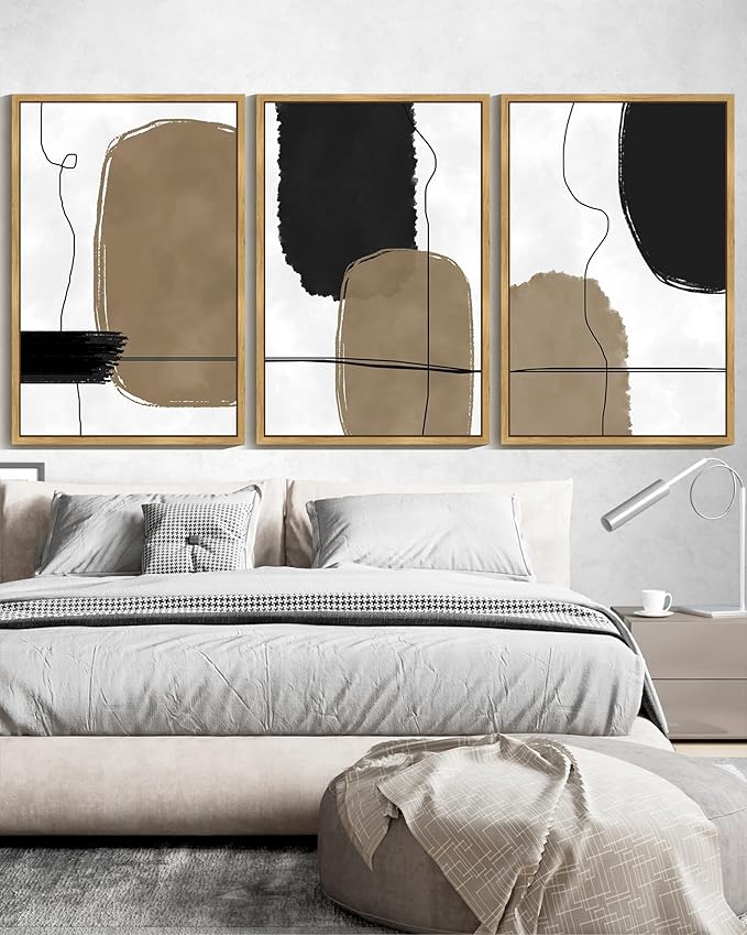 KUVIOKE Abstract Wall Art Framed Neutral Beige Mid Century Textured Artwork Black Minimalist Line Modern Illustrations Bedroom Hallway Ready to Hang 24x36in (Natural Framed)