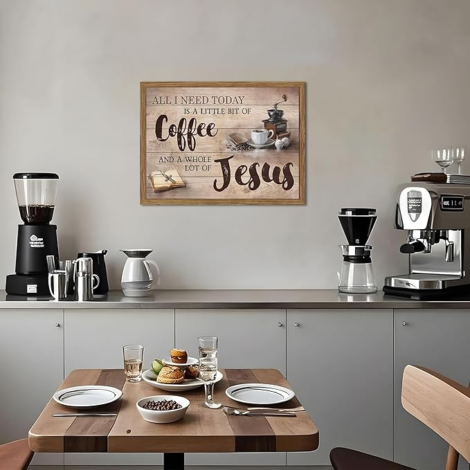 Wood Framed Christian Kitchen Wall Art, All I Need Today Coffee & Jesus Canvas Wall Decor Paintings, Coffee Motivational Posters Prints Pictures for Kitchen Bedroom Dining Room 12x16 Inch