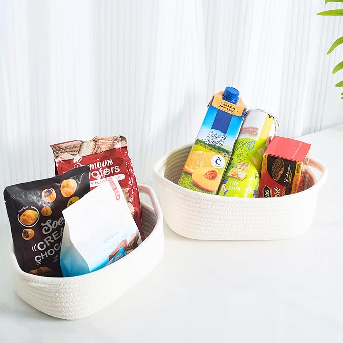 MINTWOOD Design 5-Piece Small Decorative Woven Storage Baskets Set for Shelves, Bathroom, Pantry and Nightstand Organizer, Catch All Tray for Organizing Gifts, Dog and Cat Toys, Creamy White