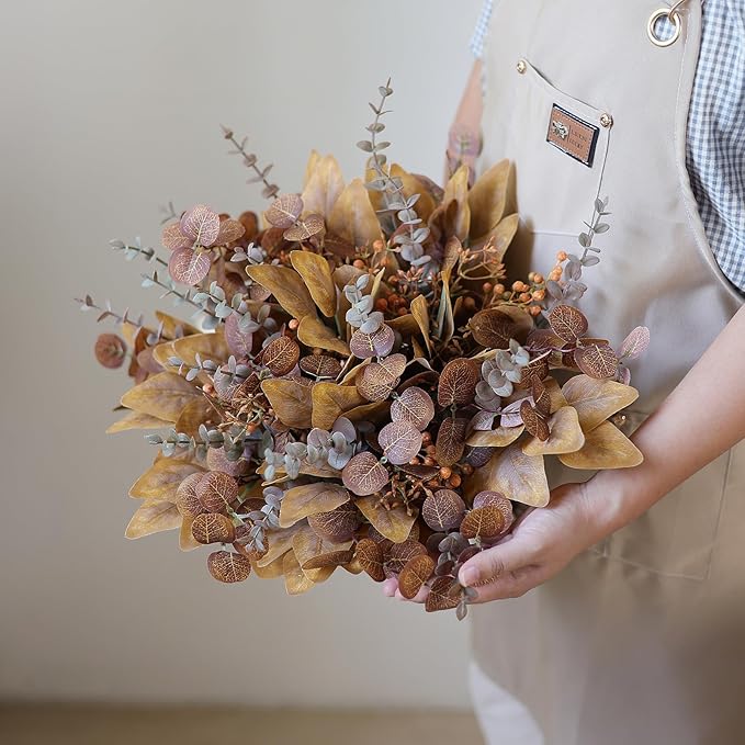 YXZZWL 110 Pcs 5 Kinds Mixed Artificial Eucalyptus Stems and Faux Berry,Autumn Fake Eucalyptus Leaves Stems Bulk Branches for DIY Bouquets Floral Arrangement Wedding Home Fall Decorations (Orange)