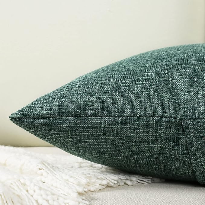 HAUSSY Emerald Green Linen Decorative Throw Pillow Covers 24x24 Inch Set of 2, Square Euro Cushion Case with 3 Vintage Buttons,Modern Farmhouse Home Decor for Couch,Bed