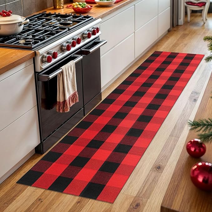 KOZYFLY Buffalo Plaid Rug 2x8 Ft Runners for Hallways Washable Checkered Rug Red and Black Christmas Rugs Woven Cotton Kitchen Fall Rug Halloween Decor for Hallway Kitchen Living Room