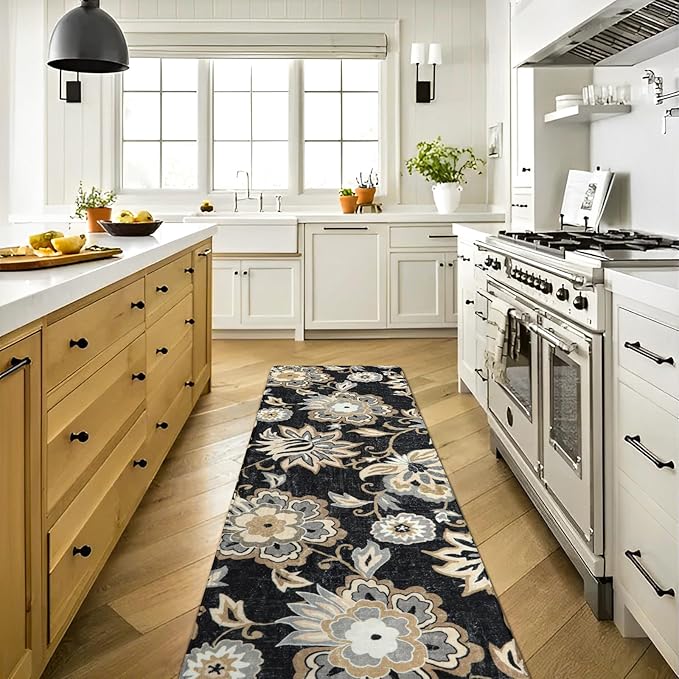 Lahome Floral Washable Runner Rug - 2x6 Runners for Hallways Non-Slip Low-Pile Kitchen Rug, Black Paisley Print Carpet for Laundry Bedroom Entryway （(2’X 6’, Blacak)