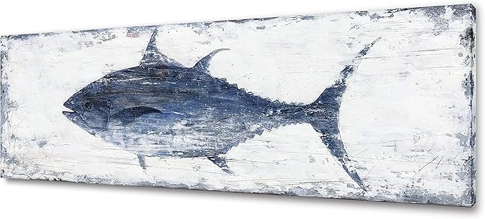 Yihui Arts Canvas Wall Art Hand Painted Abstract Tuna Fish Painting Modern Artwork Coastal Pictures in Blue and White Color for Bedroom Decoration