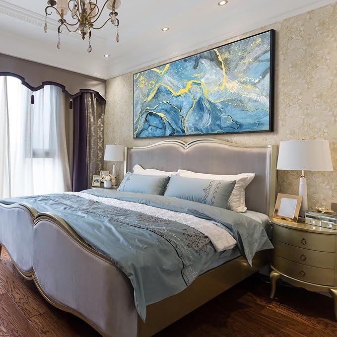 Large Black Framed Wall Art for Living Room Blue Abstract Seascape Canvas Print Modern Ocean Beach Theme Coastal Landscape Fluid Texture Painting Seaside Artwork Office Decor 30x60inch