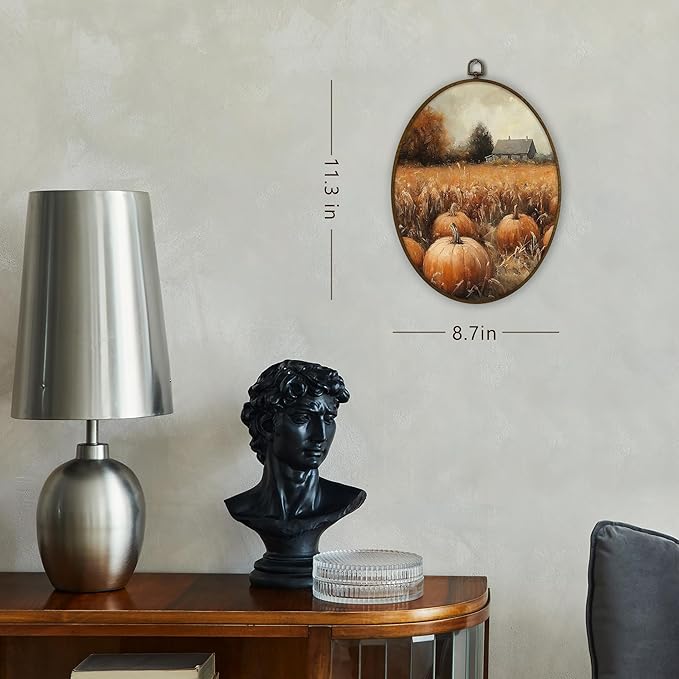 Gnmduw Rustic Fall Pumpkin Oval Wall Art Framed, Vintage Fall Pumpkin Canvas Prints Hanging Decor, Cottagecore Pumpkins Field Wildflower Wall Decor for Farmhouse Living Room Bedroom, 8.7x11.3 In