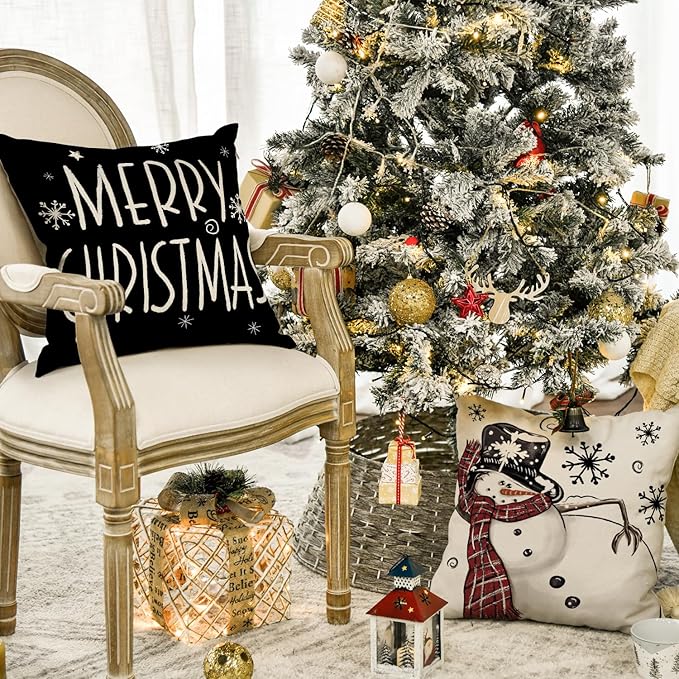 AVOIN colorlife Merry Christmas Snowman Let It Snow Black Throw Pillow Covers, 20 x 20 Inch Xmas Tree Winter Holiday Cushion Case Decoration for Sofa Couch Set of 4