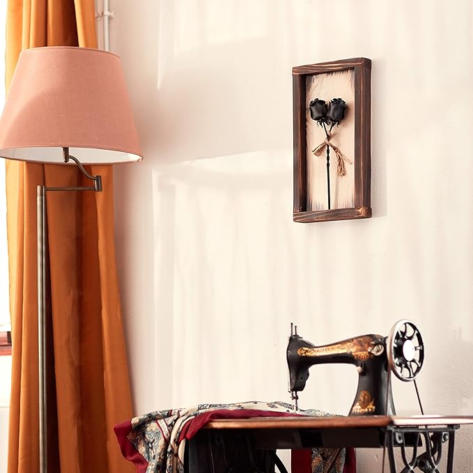 IK Style Set of 2 Forged Iron Roses Twisted Together Forever - Placed in Mountable Wooden Frame - Unique 3D