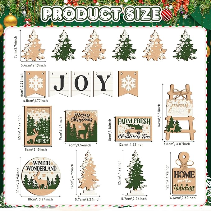 17 Pcs Christmas Tiered Tray Decor Set Winter Tiered Tray Decorations Farmhouse Tabletop Centerpiece Christmas Wooden 3D Sign for Xmas Home Buffalo Plaid Rustic Table Decoration(Forest)