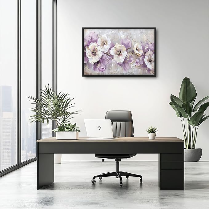 Large Wall Art for Living Room Framed, Purple Flower Wall Decor Pictures, Abstract Floral Canvas Print Painting, Aesthetic Artwork Bedroom Office Home Decor 36"x24"