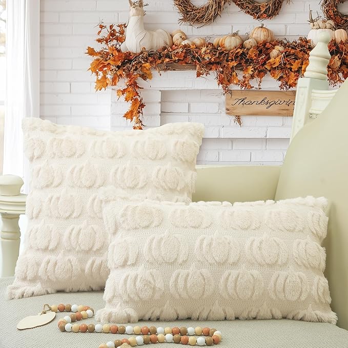 GEEORY Fall Pumpkin Throw Pillow Covers 12 x 20 Inch Set of 2, Autumn Soft Plush Faux Fur Wool Decorative Farmhouse Holiday Cushion Case for Home Decoration (Beige) GC002-12