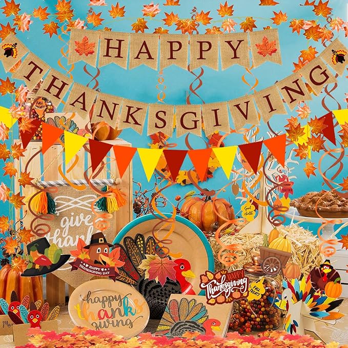 Happy Thanksgiving Burlap Banner Paper Triangular Bunting Maple Leaf Pumpkin Turkey Garland for Thanksgiving Day Welcome Autumn harvest Party Decorations