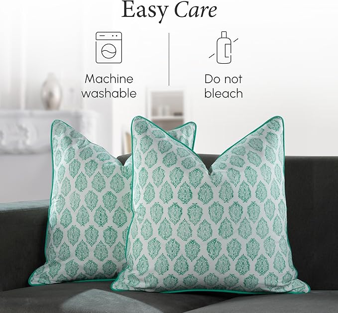 CPC 100% Cotton Throw Pillow Covers 18x18 Inch, Set of 2 Green Block Print Pattern Couch Pillow, Cute Boho Decorative Pillows for Living Room, Bedroom with Hidden Zipper- Sea Green