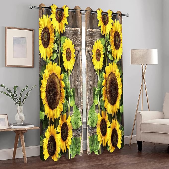 Sunflower Wood Barn Door Floral Blackout Curtains Flower Rustic Brown Vintage Wooden Farmhouse Decor Women Girl Ladies Home Bedroom Living Room Darkening Grommet Window Drapes 2 Panel Set, 52x84 Inch