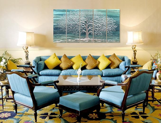 Yihui Arts Large Metal Wall Art Handcrafted Aesthetic Tree Pictures on Aluminum 5 Panels Teal and Silver Abstract Landscpae Artwork for Living Room Bedroom Dinning Decor