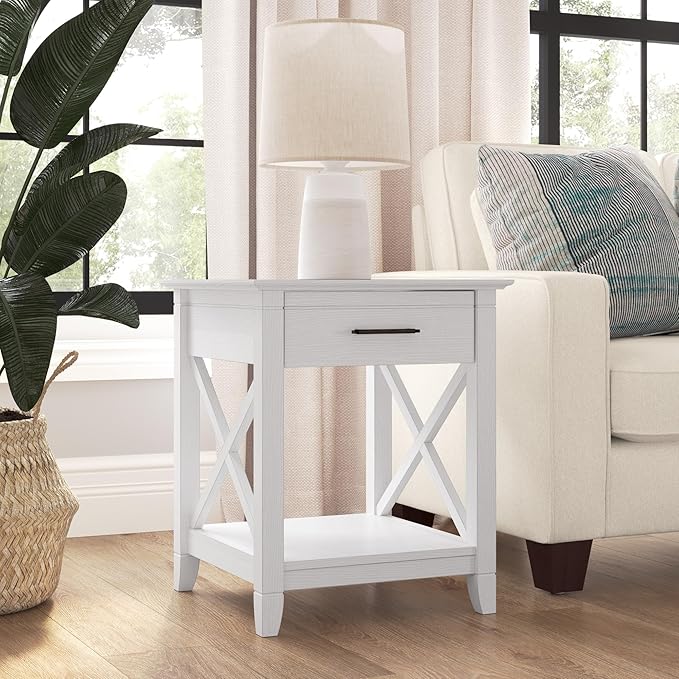 Bush Furniture Key West End Table with Storage in Pure White Oak