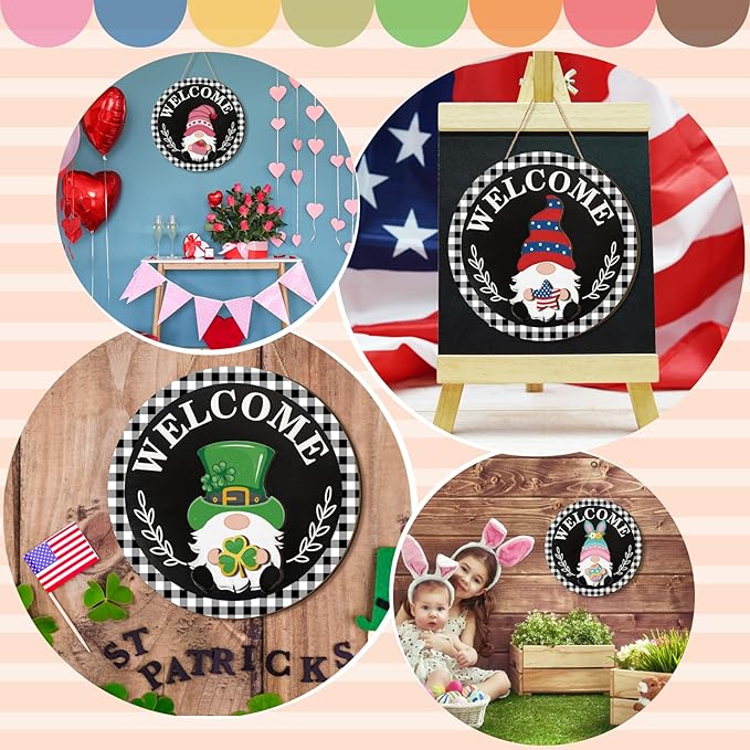 Qunclay Interchangeable Wooden Gnome Decor Holiday Seasonal Gnome Decorations with Magnet Pieces and Detachable Hats Changeable Welcome Sign for Home(Trendy Style)