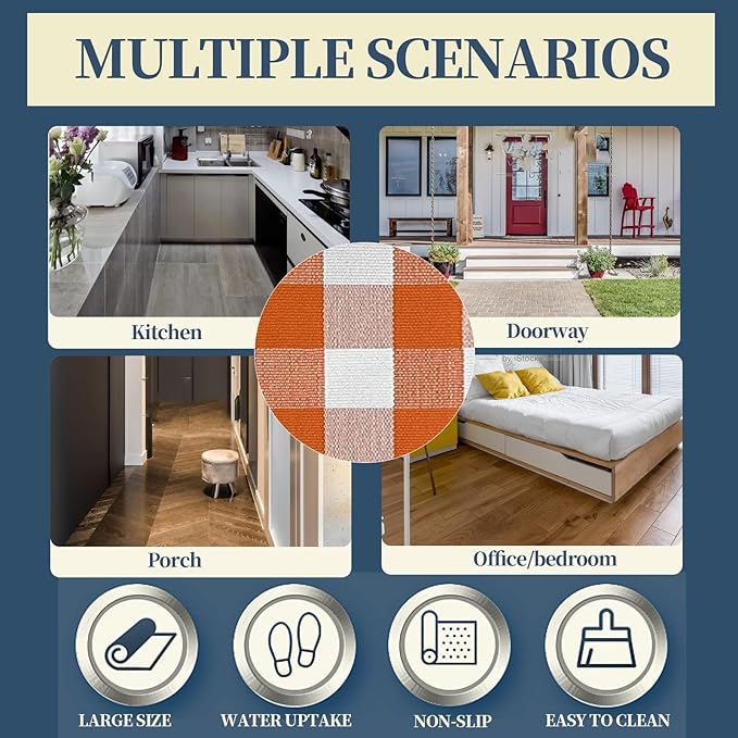 SEEKSEE Cotton Buffalo Plaid Rug 27.5"x43" Orange and White Checked Rug Washable Doormats Indoor Outdoor Rugs for Layered Front Door Mats, Porch, Kitchen, Farmhouse, Entryway