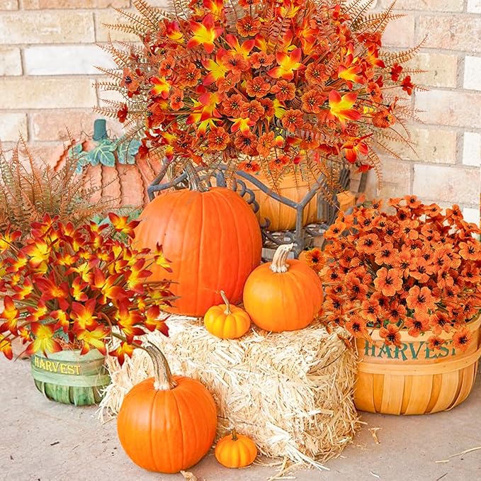 64Pcs Fall Flowers Outdoor Faux Fall Flowers Plants UV Resistant Autumn Artificial Plastic Flowers Greenery Fall Decoration for Outside Home Porch Patio Thanksgiving Decoration