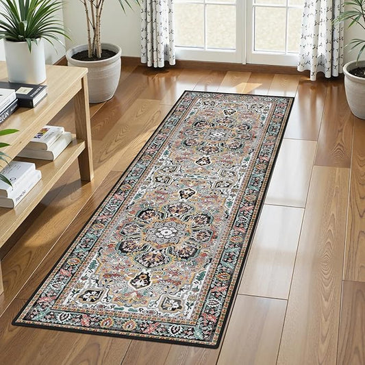 Washable Area Rug 2'6'' x 8' Vintage Traditional Persian Mat - Foldable Distressed Non-Slip Machine Washable Carpet for Living Room Bedroom Kitchen Home Decor - Slate and Multicolor