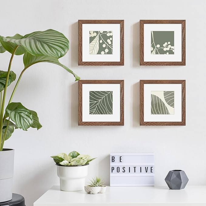 6x6 Picture Frames, Solid White Oak Wood Frame 6 x 6 with Stand for Wall & Tabletop Display, Rustic Wooden Photo Frame 6 by 6 with Real Glass, 6x6 Frame Matted to 4x4, Walnut Color, Set of 4