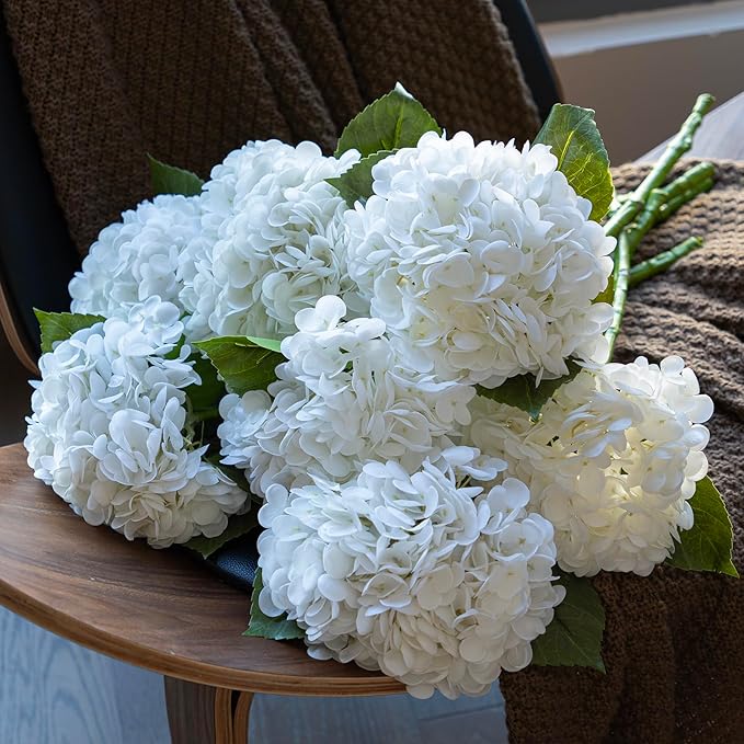4PCS Artificial Flowers Large Hydrangeas Flowers Latex Bouquet for Wedding Bridal Office Home Party Decoration (4Pcs White)