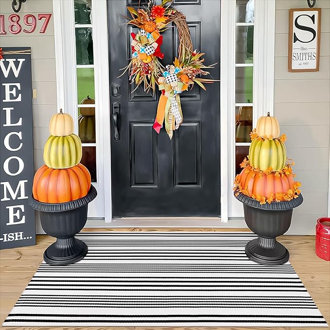 OJIA Black and White Outdoor Rug 3' x 5', Machine Washable Front Door Mats Outdoor, Cotton Hand-Woven Striped Porch Rug Entryway Rug Indoor/Outdoor Area Rug Floor Mat for Farmhouse/Living Room
