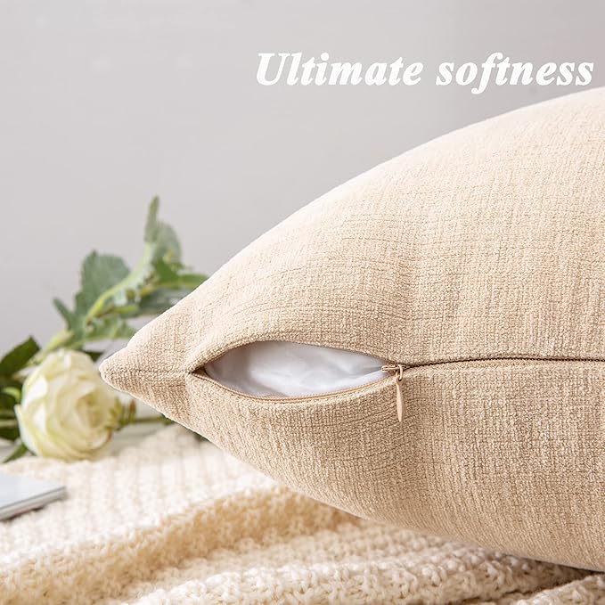 GAWAMAY Decorative Square Throw Pillow Covers 18"x18" Inch Set of 4, Super Soft Chenille Pillows Farmhouse Fall Pillowcase for Living Room Bedroom Sofa Couch Cushion Cover Beige 45x45cm (No Insert)