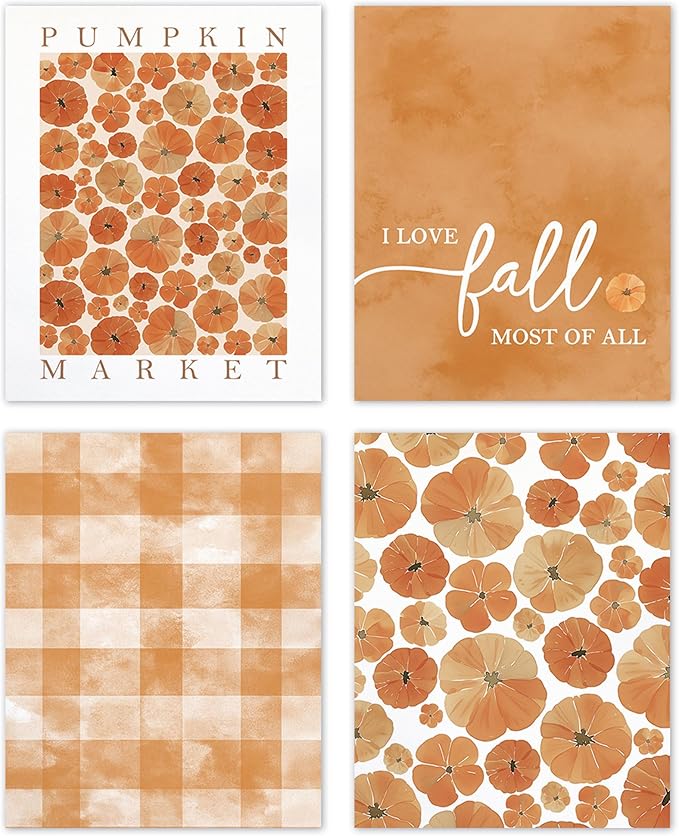TLESKE Orange Fall Pumpkins Market Posters Prints Unframed Set of 4, Autumn Aesthetic Wall Art Prints for Dorm Bedroom Living Room, I Love Fall Most of All Pictures Wall Decor, 8x10