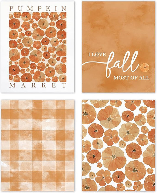 TLESKE Orange Fall Pumpkins Market Posters Prints Unframed Set of 4, Autumn Aesthetic Wall Art Prints for Dorm Bedroom Living Room, I Love Fall Most of All Pictures Wall Decor, 8x10
