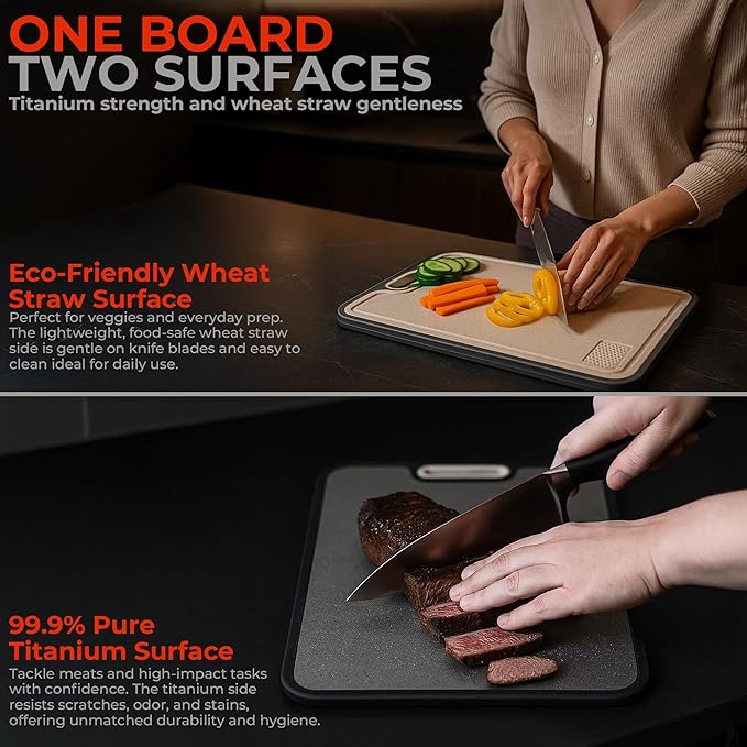 Titanium Cutting Board 16x11in – Pure Crystallized Titanium and Wheat Straw PP, Double-Sided, Non-Slip, Dishwasher Safe, For Kitchen, BBQ, Camping, Eco-Friendly Cutting Boards for Kitchen