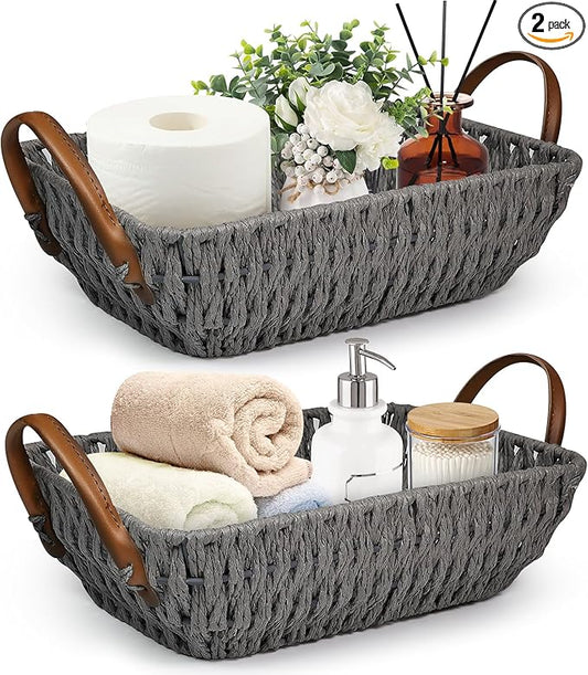Paper Rope Woven Toilet Paper Basket, Small Wicker Storage Baskets for Organizing with Handles, Bedroom Decor Baskets Toilet Tank Shelf Storage Bins (Set of 2, Grey)