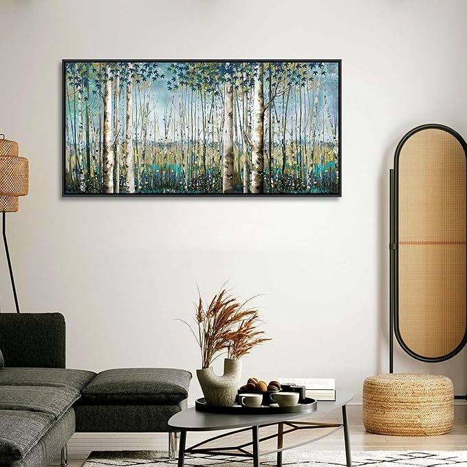 Pogusmavi Wall Art - Large Birch Tree Canvas Painting for Home Decor | Framed Artwork for Living Room, Bedroom, and Office | Teal Wall Art Decoration 24x48 Inch