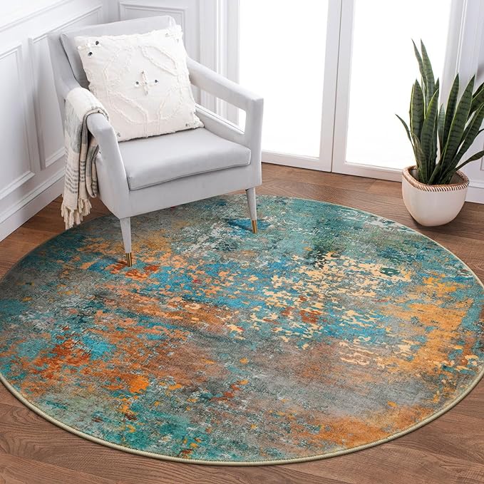Lahome Modern Abstract Round Rug 3Ft - Colorful 3x3 Circle Rug Non Slip Kitchen Rugs Washable Front Door Mat, Contemporary Indoor Throw Small Carpet for Bedroom Entryway Foyer Sink