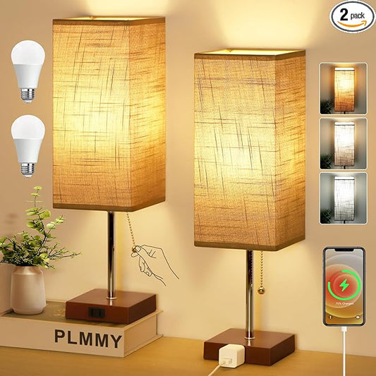 Table Lamp for Bedroom Set of 2, Bedside Lamps with 3 Color Temperatures Night Light, Lamp for Night Stands with AC Outlet and Square Shade, Pull Chain Small Desk Lamp for Living Room Home Decor