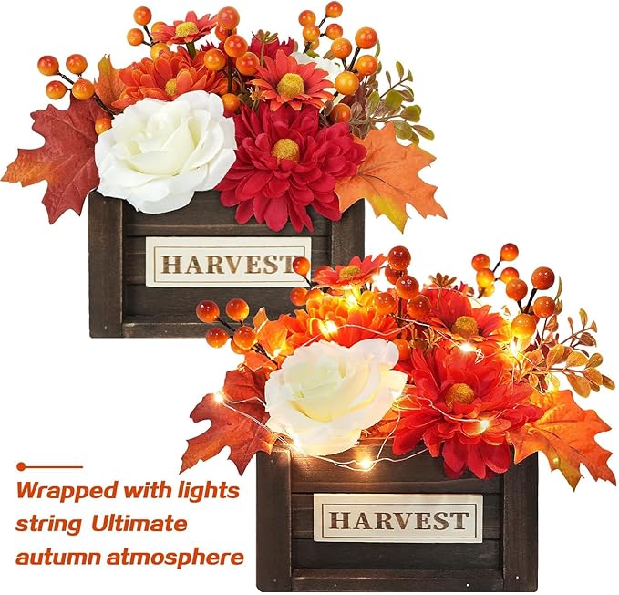 Fall Centerpieces for Tables Decor Fall Flowers Wooden Pot with Lights for Dining Room Farmhouse Kitchen Coffee Table Decorations with Artificial mums Centerpieces Fall Decor