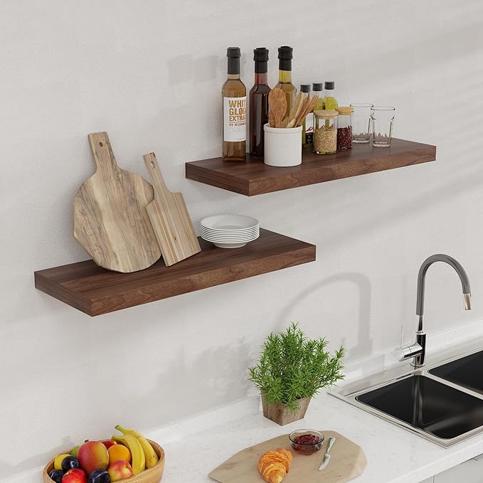 24 Inch Floating Shelves for Wall, 9.3 Deep Wall Shelves for Home Decor & Storage, 24x9.3x1.5 Large Wooden Shelf with Heavy-Duty Bracket, Deep Shelf for Kitchen, Living Room, Walnut Color