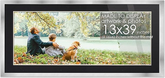 13x39 Frame Silver Wood with Black Mat | 16x42 Frame Matted to 13x39 | Display Your Print Under UV Acrylic Shatter Guard Front, with Foam Board Backing and Wall Hanging Hardware - Gallery Frame