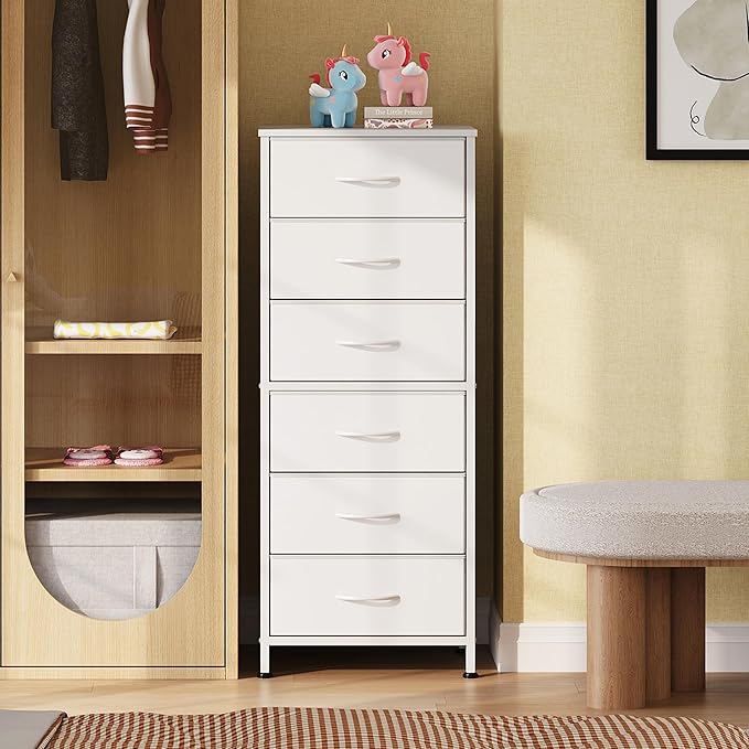 WLIVE White Tall Dresser for Bedroom, 6 Drawer Dressers & Chests of Drawers, Fabric Dresser for Closet, Living Room, Night Stand with Metal Frame, Storage Tower with Fabric Bins, Wood Top
