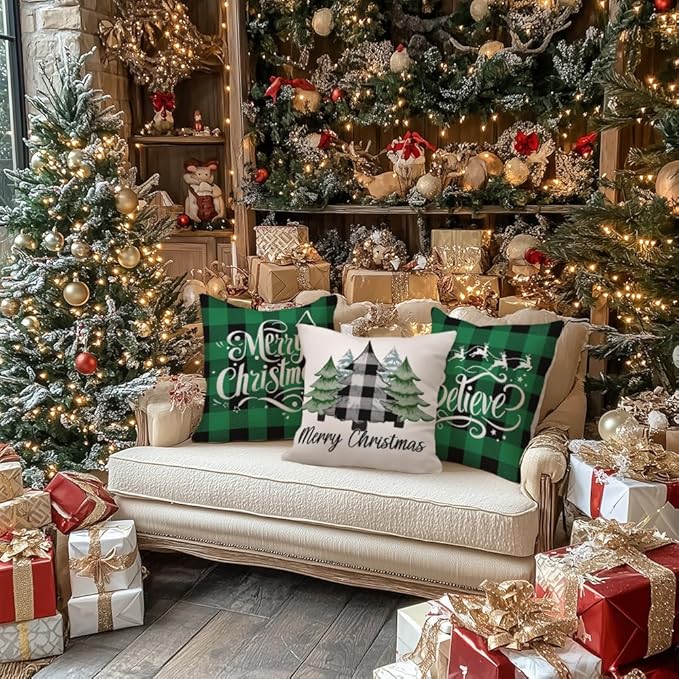 GEEORY Merry Christmas Throw Pillow Covers 20x20 Inch Set of 4, Xmas Trees Truck Green Buffalo Plaid Believe Farmhouse Decorative Cushion Cases for Home Decoration G595-20