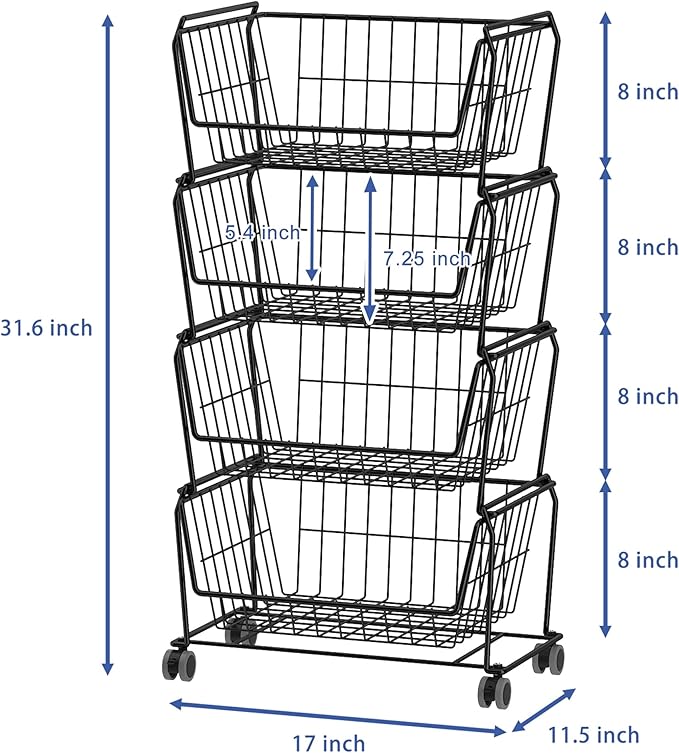 PUSDON Stackable Metal Storage Carts, Dual Use Shelf for Kitchen Fruit Vegetable Baskets with Wheels, Storage Rack for Living Room, Home & Office, Standard Black 4 Tiers