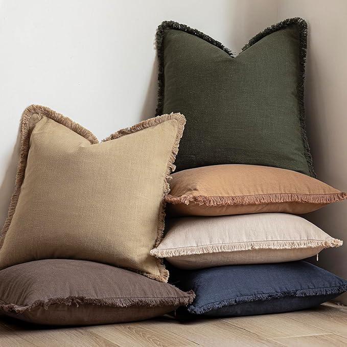 Foindtower Set of 2 Decorative Linen Fringe Throw Pillow Covers Boho Farmhouse Cushion Cover with Tassels Soft Accent Pillowcase for Couch Sofa Bed Living Room Home Decor,26×26 Inch,Light Khaki Taupe