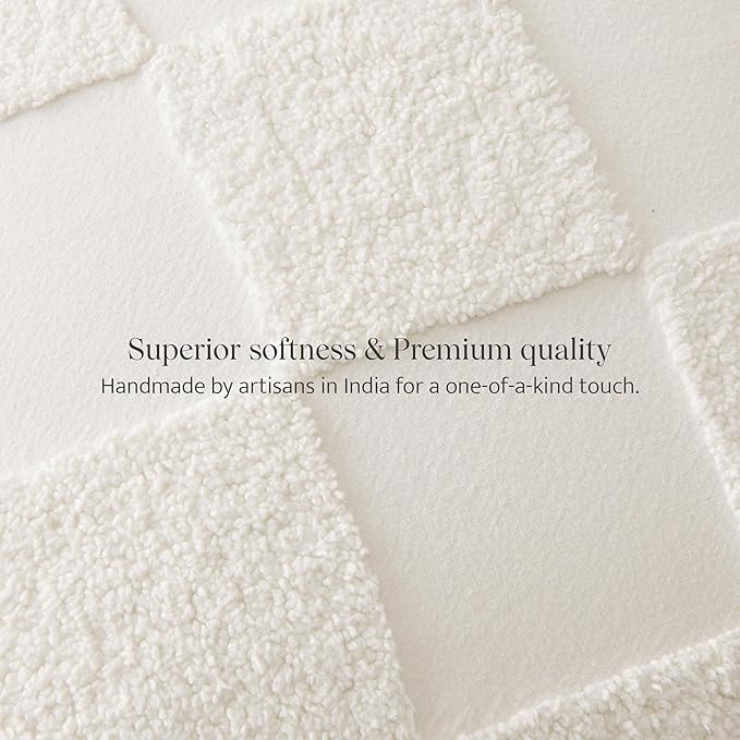 Double Stitch 100% Cotton Throw Pillow Covers - Checkered Tufted Boho Decorative Pillow Covers 18x18, Made in India, Square Cushion Case, Modern Home Decor for Couch, Sofa, Living Room, Cream