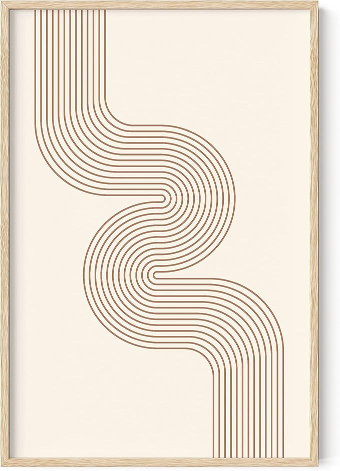 HAUS AND HUES Line Art Mid Century Modern Wall Decor - Boho Prints Wall Art Abstract Geometric Wall Decor Line Art Prints Modern Boho Art Snaking River from Top Left (Beige Framed, 24x36)