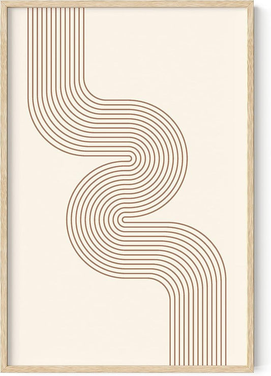 HAUS AND HUES Line Art Mid Century Modern Wall Decor - Boho Prints Wall Art Abstract Geometric Wall Decor Line Art Prints Modern Boho Art Snaking River from Top Left (Beige Framed, 24x36)